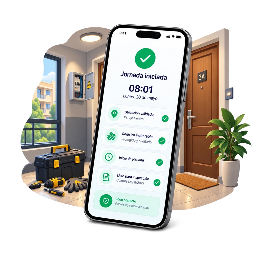 App Geornada mostrando jornada iniciada con fichaje geolocalizado en domicilio de cliente | Geornada