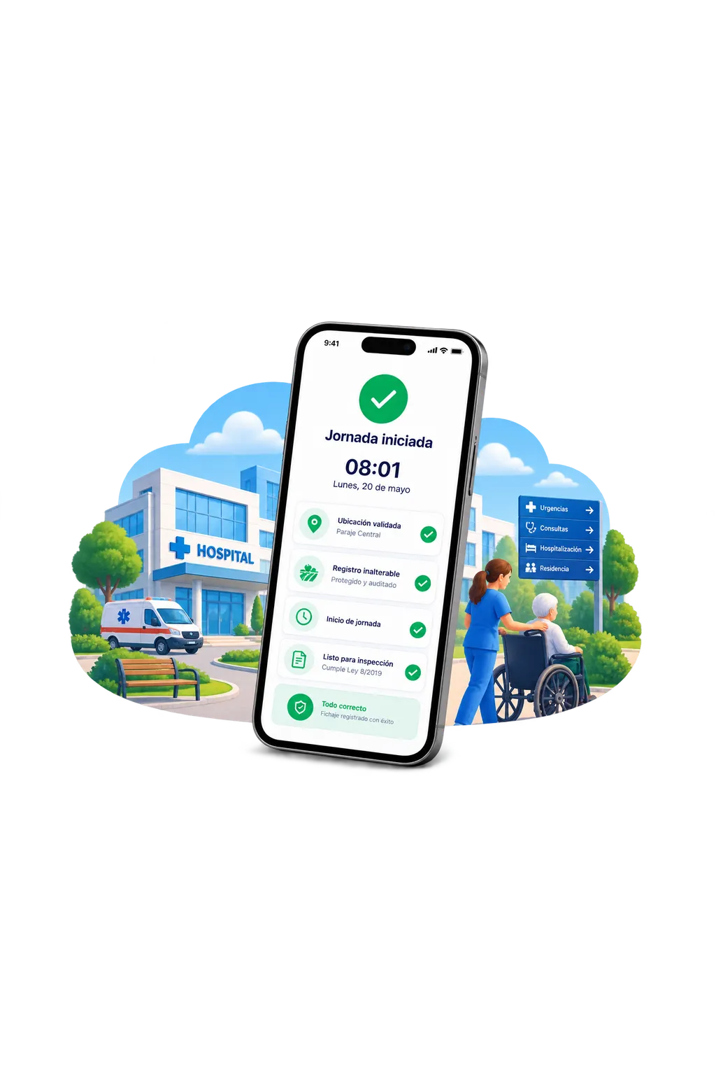 App Geornada mostrando jornada iniciada con fichaje registrado en centro sanitario | Geornada